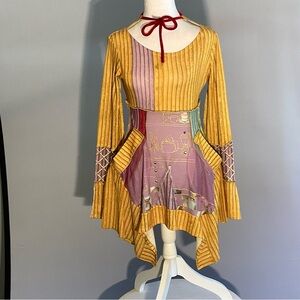 IPNG S/M Boho Asymmetrical Tunic Sheer Pockets Red Velvet Neck Bow Bell Sleeves